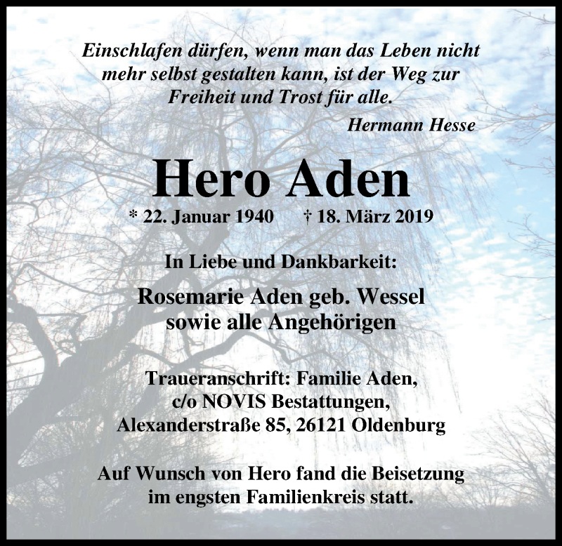 Traueranzeige für Hero Aden vom 09.04.2019 aus Nordwest-Zeitung