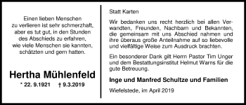 Traueranzeige von Hertha Mühlenfeld von Nordwest-Zeitung