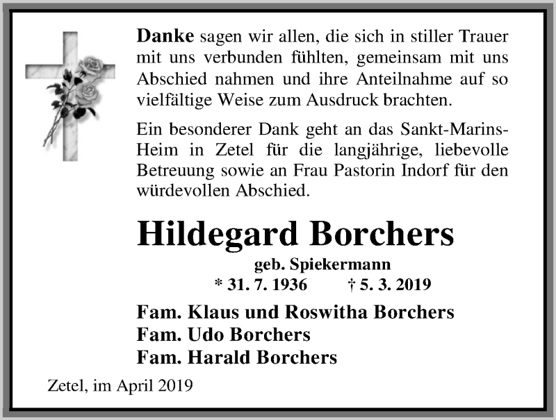  Traueranzeige für Hildegard Borchers vom 20.04.2019 aus Nordwest-Zeitung