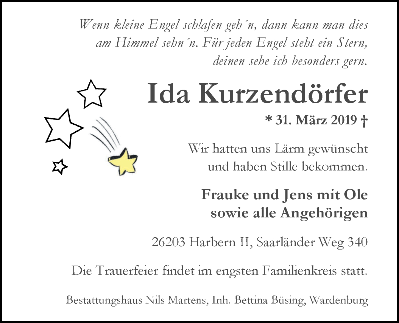  Traueranzeige für Ida Kurzendörfer vom 09.04.2019 aus Nordwest-Zeitung