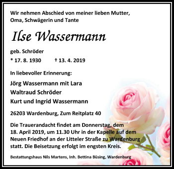 Traueranzeige von Ilse Wassermann von Nordwest-Zeitung