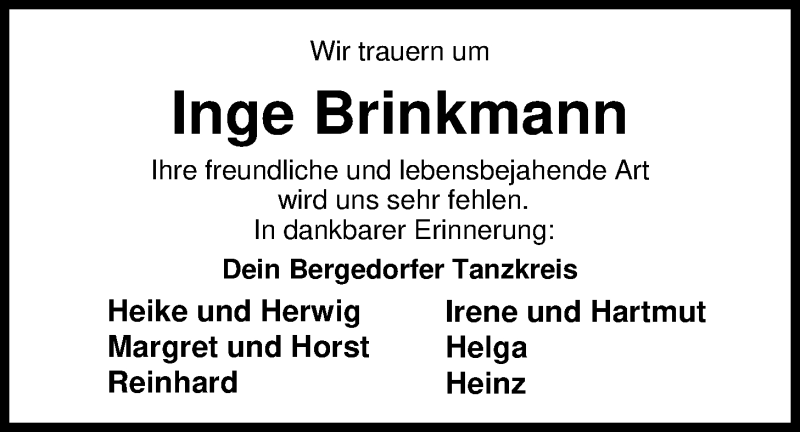  Traueranzeige für Inge Brinkmann vom 26.04.2019 aus Nordwest-Zeitung
