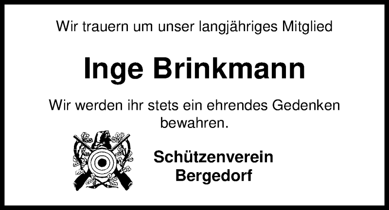  Traueranzeige für Inge Brinkmann vom 27.04.2019 aus Nordwest-Zeitung