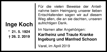Traueranzeige von Inge Koch von Nordwest-Zeitung