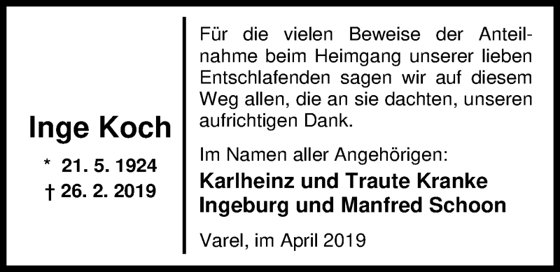  Traueranzeige für Inge Koch vom 03.04.2019 aus Nordwest-Zeitung