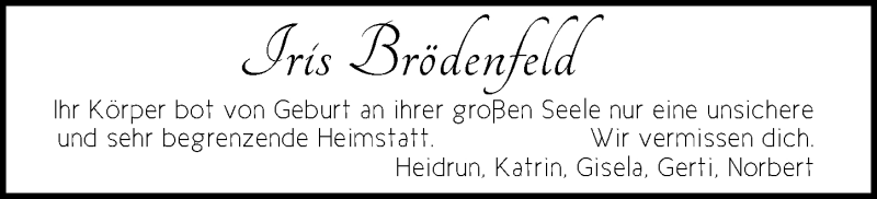  Traueranzeige für Iris Brödenfeld vom 13.04.2019 aus Nordwest-Zeitung