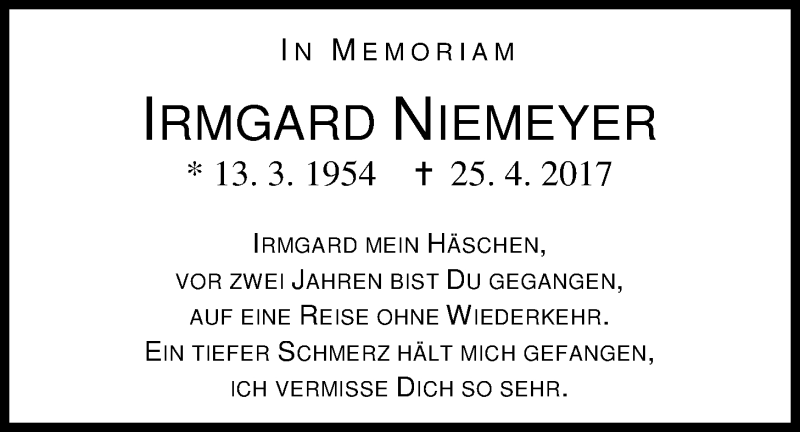  Traueranzeige für Irmgard Niemeyer vom 25.04.2019 aus Nordwest-Zeitung