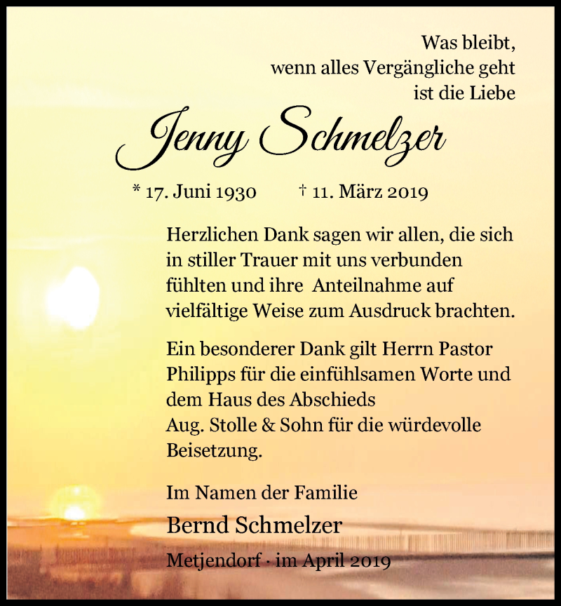  Traueranzeige für Jenny Schmelzer vom 18.04.2019 aus Nordwest-Zeitung