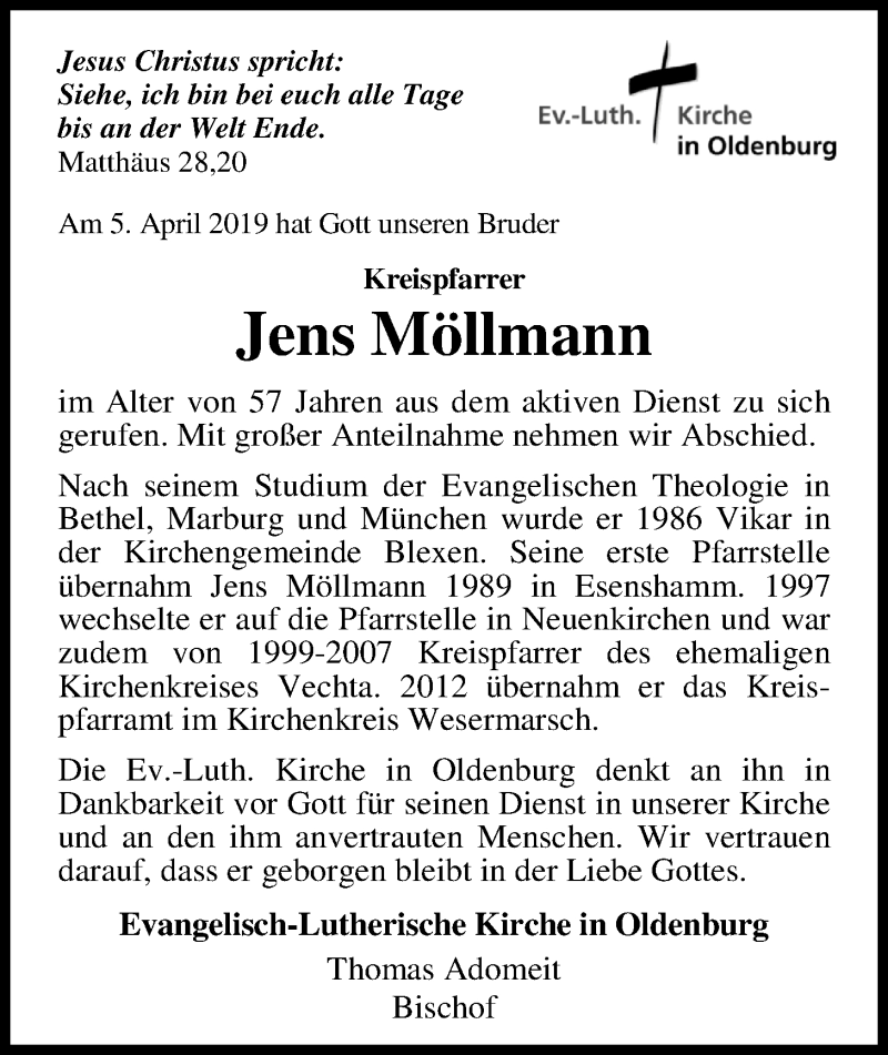  Traueranzeige für Jens Möllmann vom 09.04.2019 aus Nordwest-Zeitung