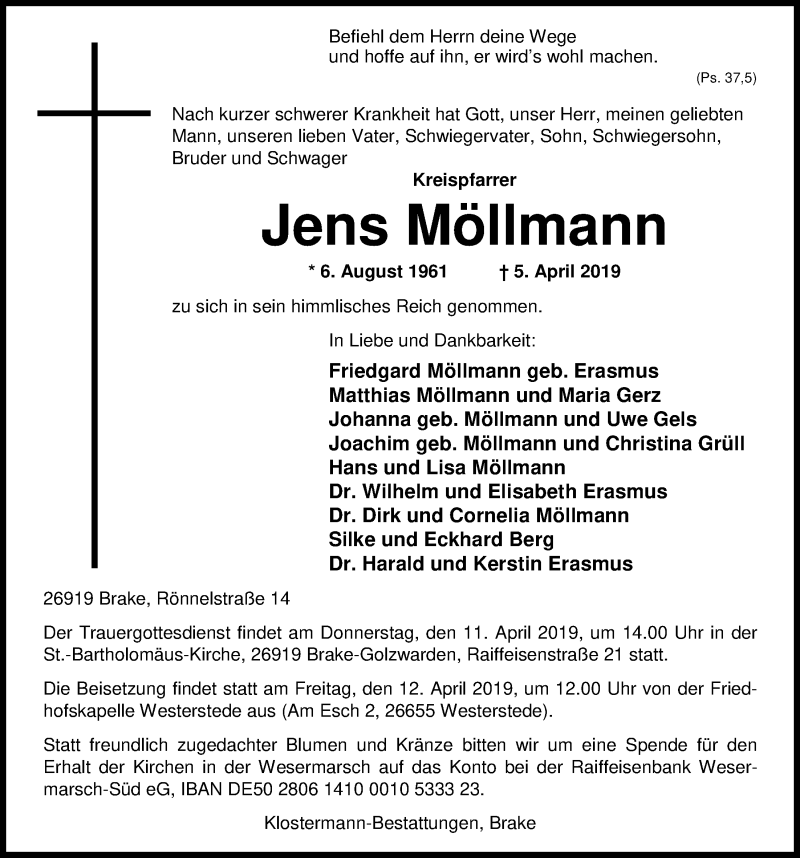  Traueranzeige für Jens Möllmann vom 08.04.2019 aus Nordwest-Zeitung