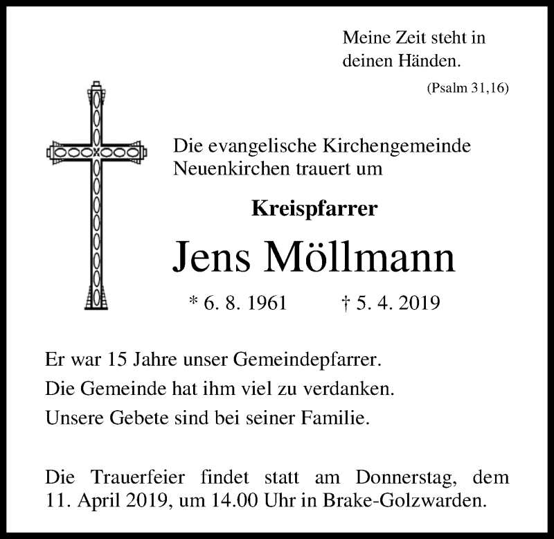  Traueranzeige für Jens Möllmann vom 09.04.2019 aus Nordwest-Zeitung