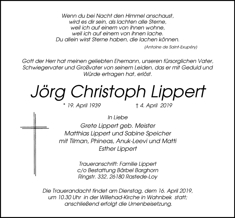  Traueranzeige für Jörg Christoph Lippert vom 10.04.2019 aus Nordwest-Zeitung