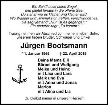 Traueranzeige von Jürgen Bootsmann von Nordwest-Zeitung