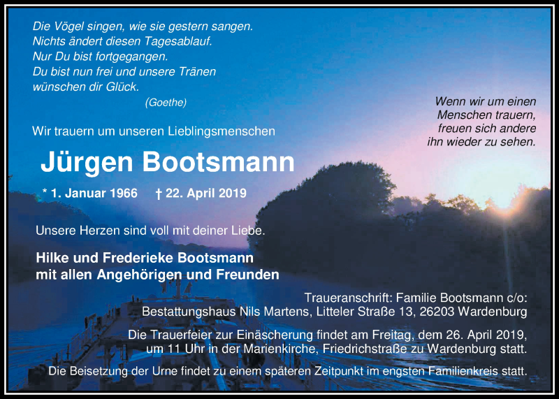  Traueranzeige für Jürgen Bootsmann vom 25.04.2019 aus Nordwest-Zeitung