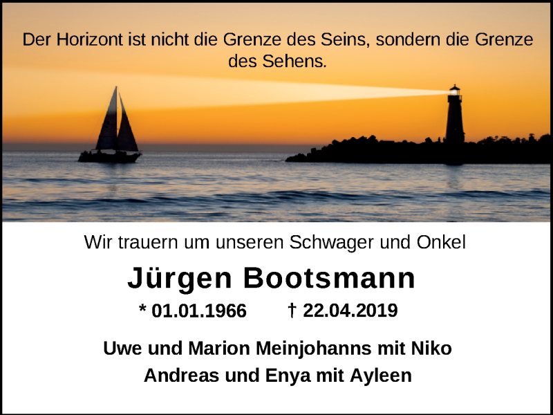  Traueranzeige für Jürgen Bootsmann vom 27.04.2019 aus Nordwest-Zeitung