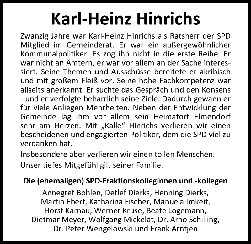  Traueranzeige für Karl-Heinz Hinrichs vom 17.04.2019 aus Nordwest-Zeitung