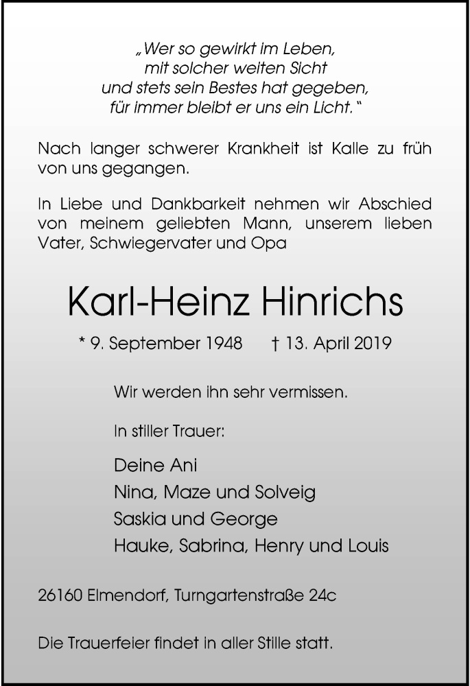  Traueranzeige für Karl-Heinz Hinrichs vom 17.04.2019 aus Nordwest-Zeitung