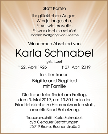 Traueranzeige von Karla Schnabel von Nordwest-Zeitung
