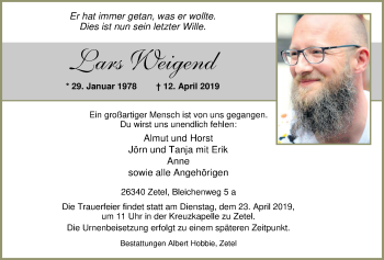 Traueranzeige von Lars Weigend von Nordwest-Zeitung