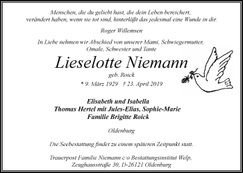 Traueranzeige von Lieselotte Niemann von Nordwest-Zeitung