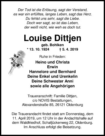 Traueranzeige von Louise Dittjen von Nordwest-Zeitung