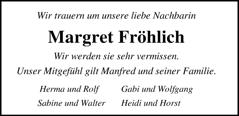  Traueranzeige für Margret Fröhlich vom 13.04.2019 aus Nordwest-Zeitung