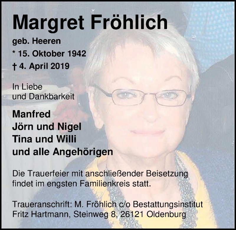  Traueranzeige für Margret Fröhlich vom 13.04.2019 aus Nordwest-Zeitung