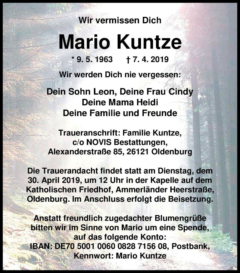  Traueranzeige für Mario Kuntze vom 25.04.2019 aus Nordwest-Zeitung