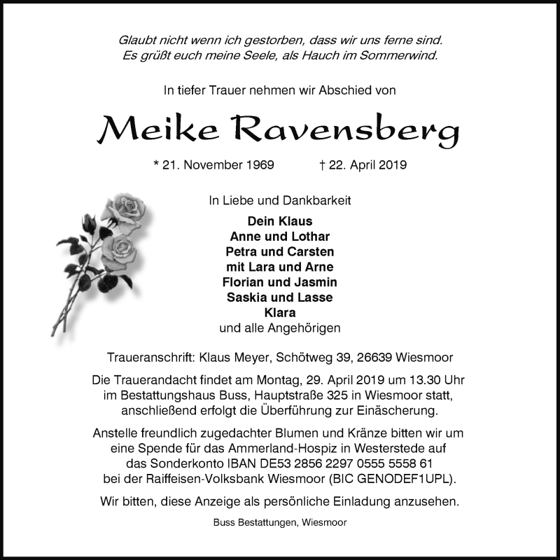  Traueranzeige für Meike Ravensberg vom 25.04.2019 aus Nordwest-Zeitung