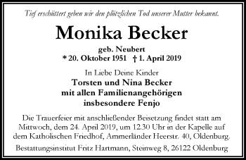 Traueranzeige von Monika Becker von Nordwest-Zeitung