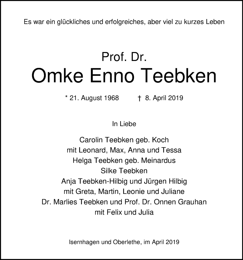  Traueranzeige für Omke Enno Teebken vom 13.04.2019 aus Nordwest-Zeitung