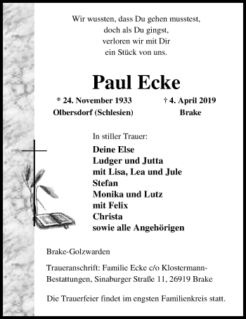 Traueranzeige von Paul Ecke von Nordwest-Zeitung