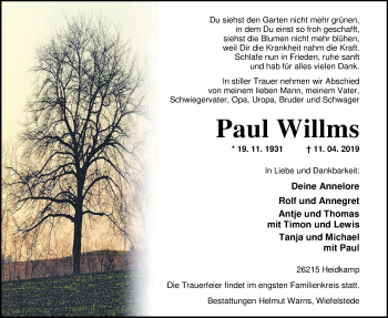 Traueranzeige von Paul Willms von Nordwest-Zeitung