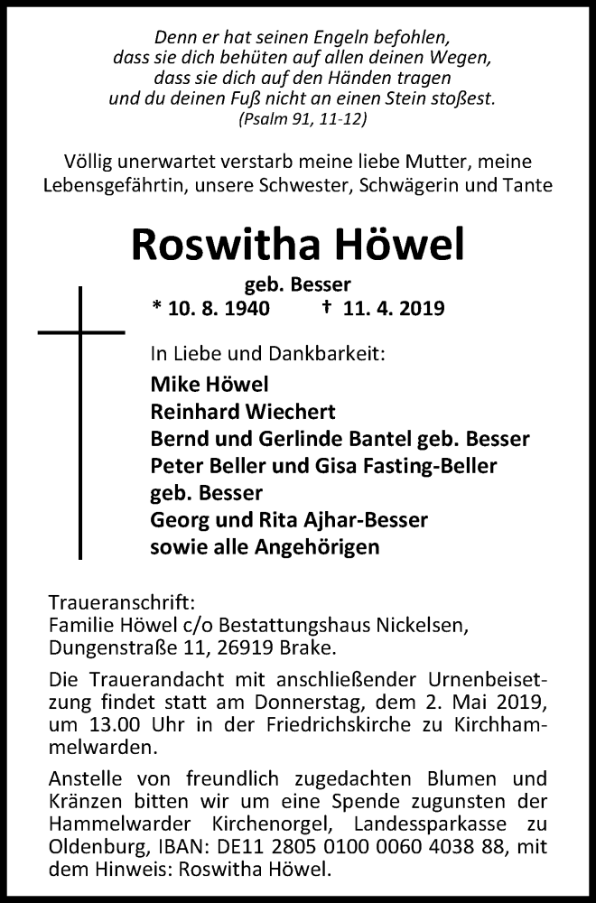  Traueranzeige für Roswitha Höwel vom 24.04.2019 aus Nordwest-Zeitung