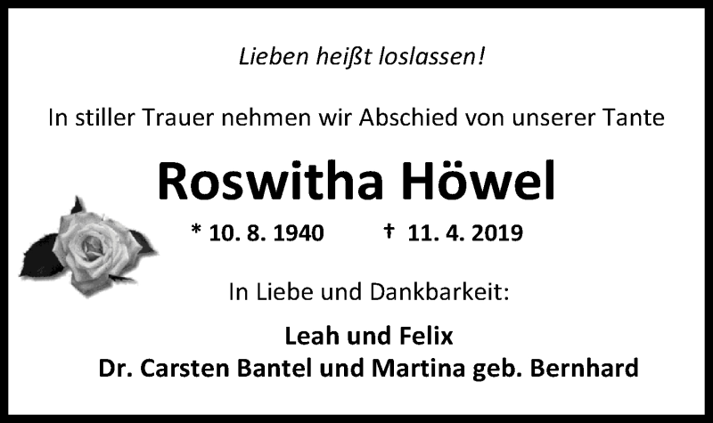  Traueranzeige für Roswitha Höwel vom 24.04.2019 aus Nordwest-Zeitung