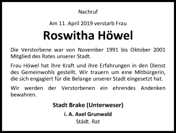 Traueranzeige von Roswitha Höwel von Nordwest-Zeitung