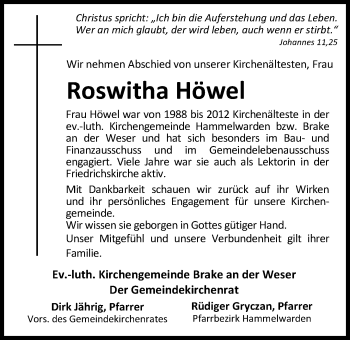 Traueranzeige von Roswitha Höwel von Nordwest-Zeitung