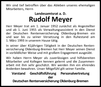 Traueranzeige von Rudolf Meyer von Nordwest-Zeitung