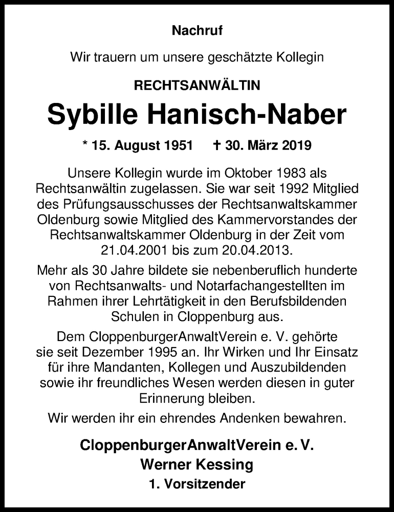  Traueranzeige für Sybille Hanisch-Naber vom 03.04.2019 aus Nordwest-Zeitung