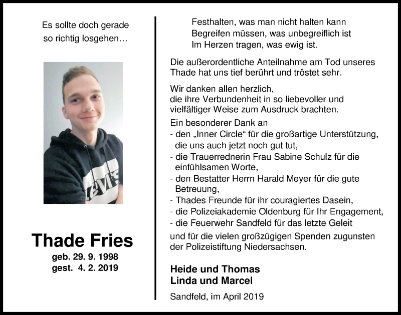  Traueranzeige für Thade Fries vom 06.04.2019 aus Nordwest-Zeitung