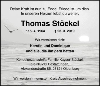 Traueranzeige von Thomas Stöckel von Nordwest-Zeitung