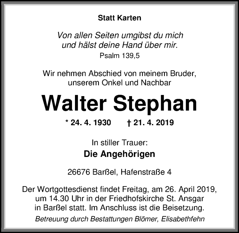  Traueranzeige für Walter Stephan vom 24.04.2019 aus Nordwest-Zeitung