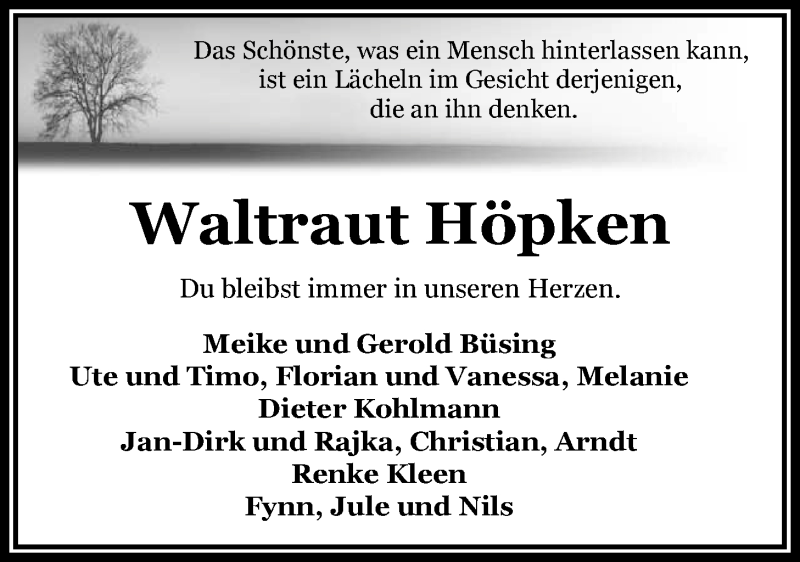  Traueranzeige für Waltraut Höpken vom 24.04.2019 aus Nordwest-Zeitung