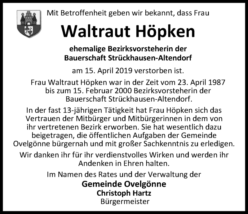  Traueranzeige für Waltraut Höpken vom 18.04.2019 aus Nordwest-Zeitung