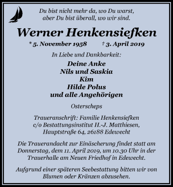 Traueranzeige von Werner Henkensiefken von Nordwest-Zeitung