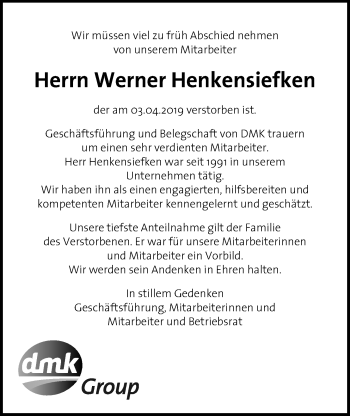 Traueranzeige von Werner Henkensiefken von Nordwest-Zeitung