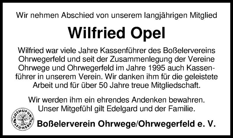  Traueranzeige für Wilfried Opel vom 12.04.2019 aus Nordwest-Zeitung