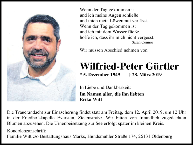  Traueranzeige für Wilfried-Peter Gürtler vom 06.04.2019 aus Nordwest-Zeitung
