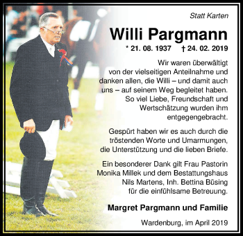 Traueranzeige von Willi Pargmann von Nordwest-Zeitung