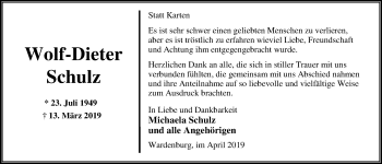 Traueranzeige von Wolf-Dieter Schulz von Nordwest-Zeitung